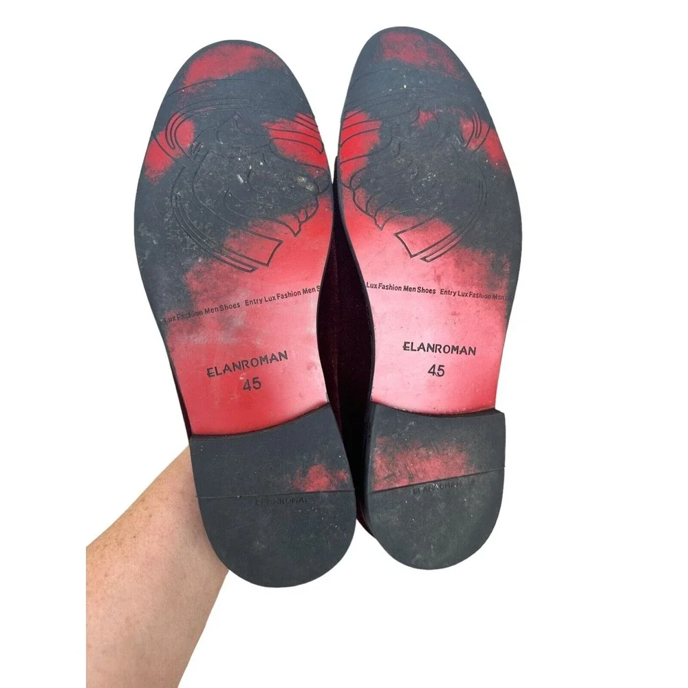 ELANROMAN Men's Loafers Wine Red Velvet With Gold Accent Dress Shoes_SZ 11‎ EU45